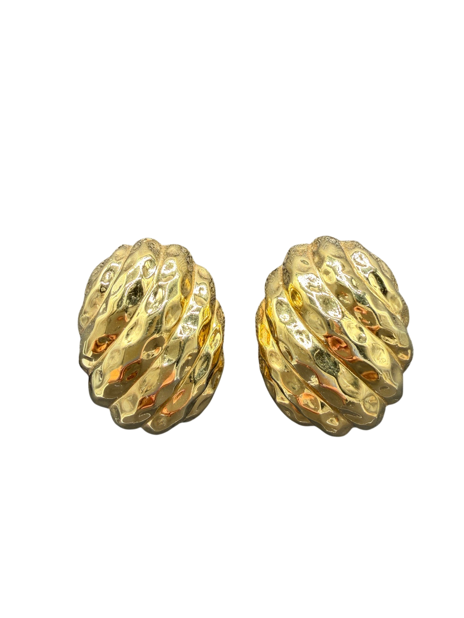 1980s Ciner Gold-Tone Hammered Oval Ribbed Clip Earrings