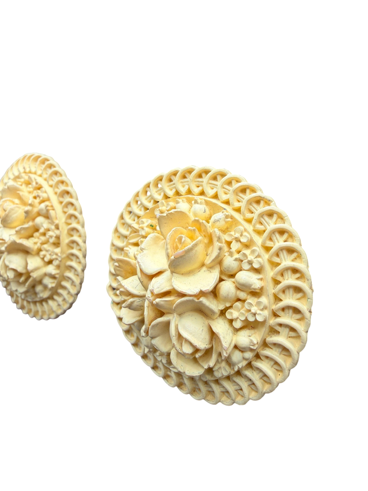 1950s Yellow Carved Celluloid Floral Clip Disc Earrings