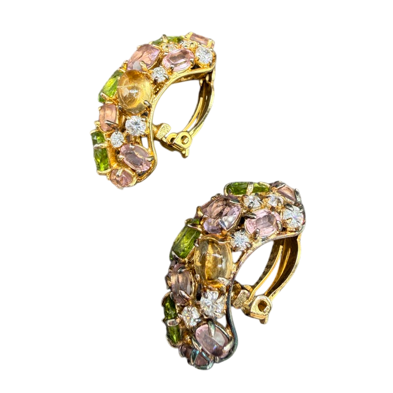1980s Le Jardin Half-Hoop Earrings with Pastel Austrian Crystals