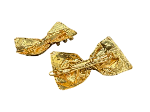 Rare 1980s Haute Couture Gianni De Liguoro Gold Crinkle Bow Hair Barrettes with AB Swarovski Rhinestones