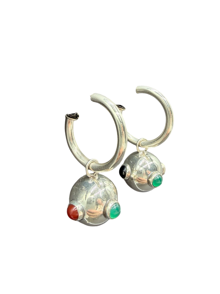 1970s Sterling Silver Hoop Earrings with Dangle Orb and Cabochon Stones