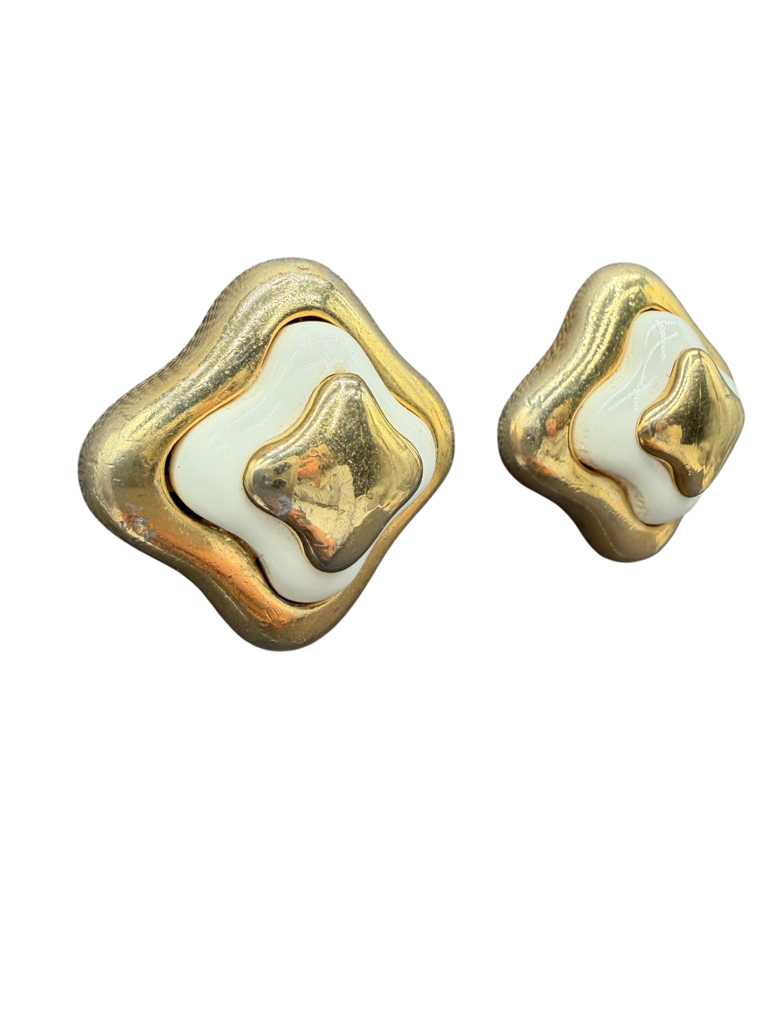 1980s Lanvin Gold-Tone Tiered Square Clip Earrings with Ivory Enamel
