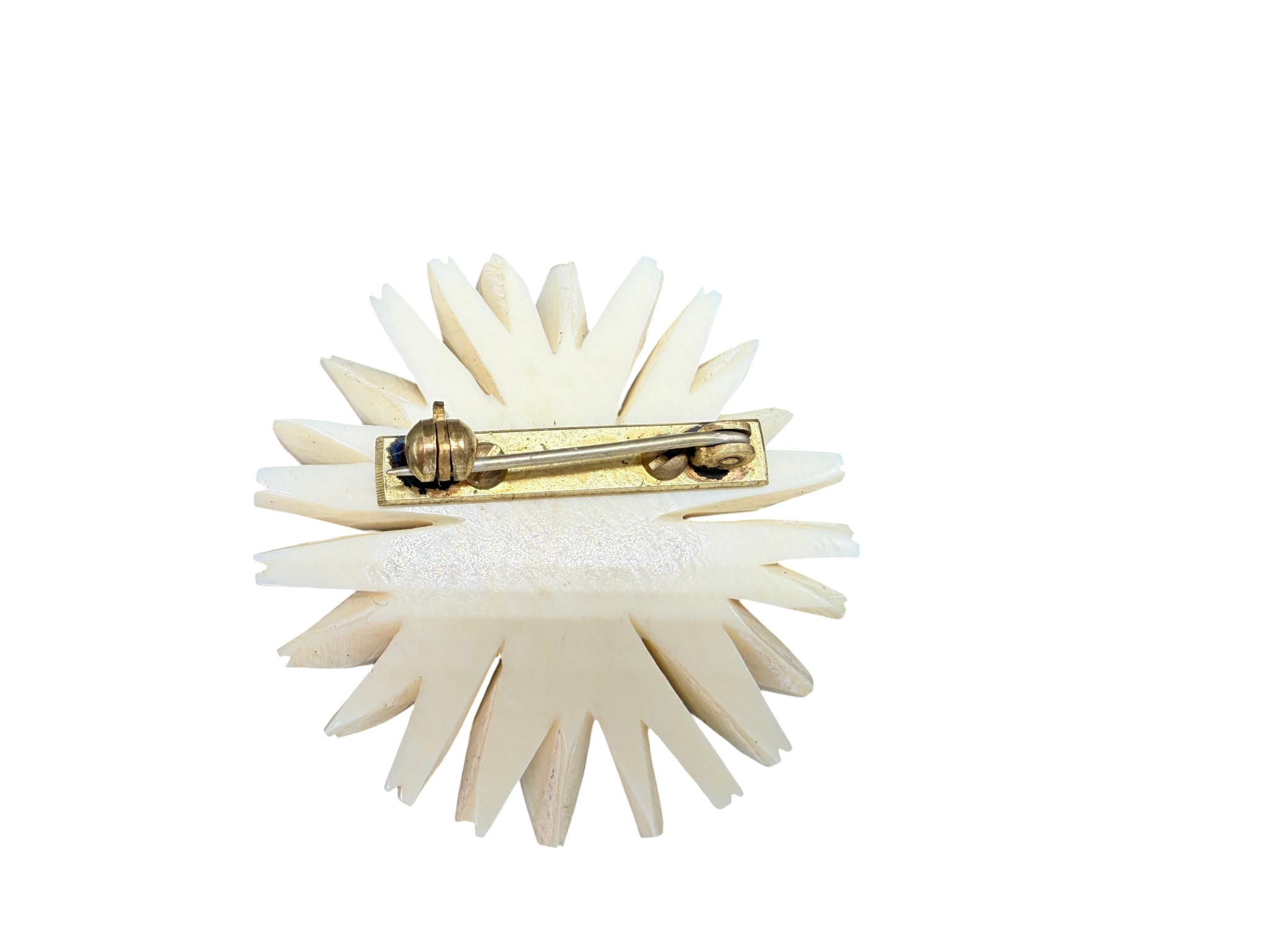 1940s Carved Bone Daisy Brooch with Painted Ladybug Detail