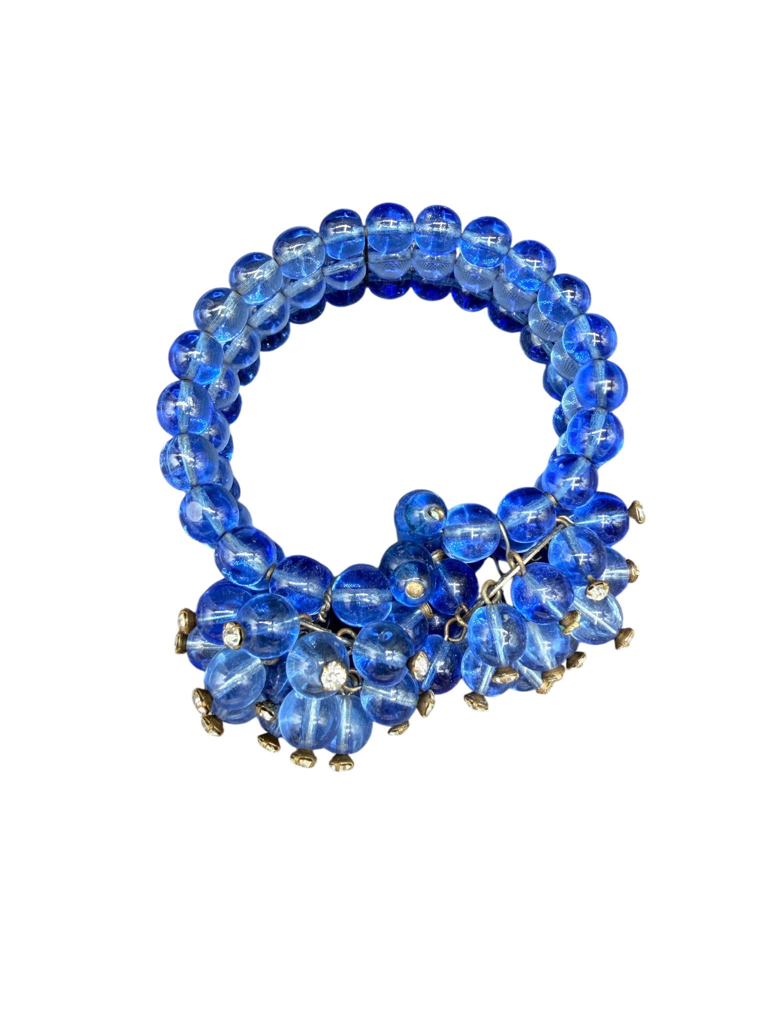1950s Miriam Haskell Cobalt Glass Beaded Wire Clamper Bracelet with Dangle Ends and Matching Earrings