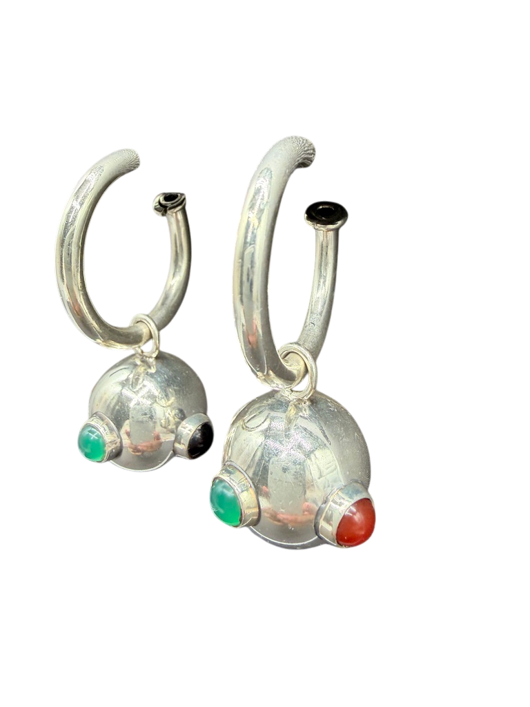 1970s Sterling Silver Hoop Earrings with Dangle Orb and Cabochon Stones