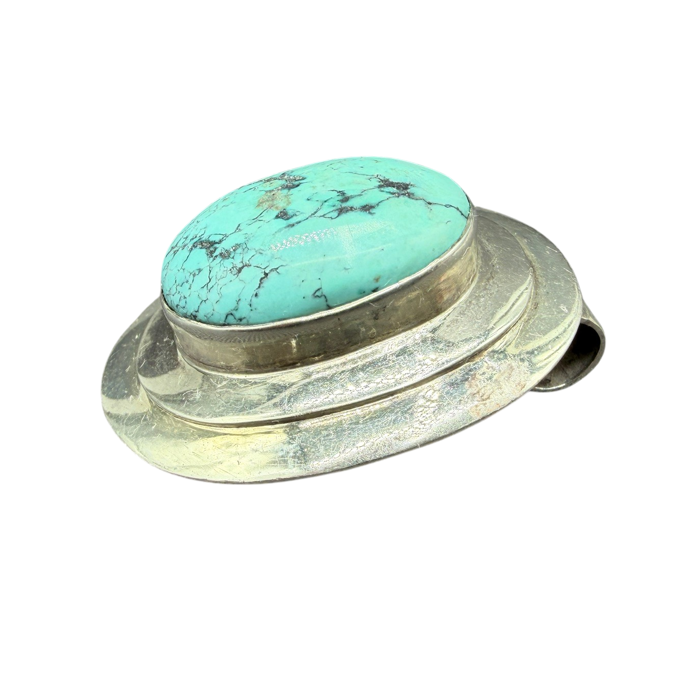 Sterling Silver Double-Band Oval Pendant with Natural Turquoise Center