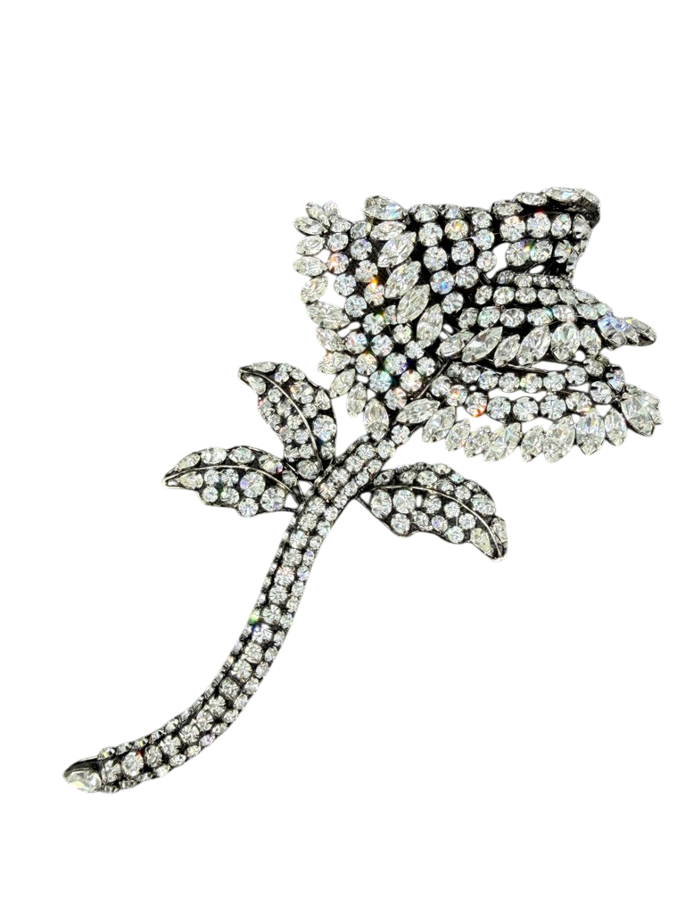 1950s Statement Austrian Crystal Floral Brooch with Leaves and Stem