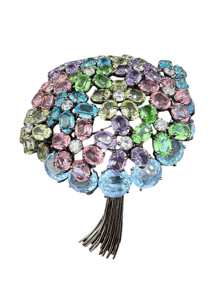 1980s Statement Sterling Silver Pastel Swarovski Crystal Flower Bouquet Brooch