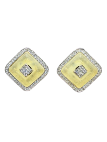 1980s Kenneth Jay Lane Silver-Tone Diamond Shape Clip Earrings with Yellow Lucite & Rhinestone Pavé