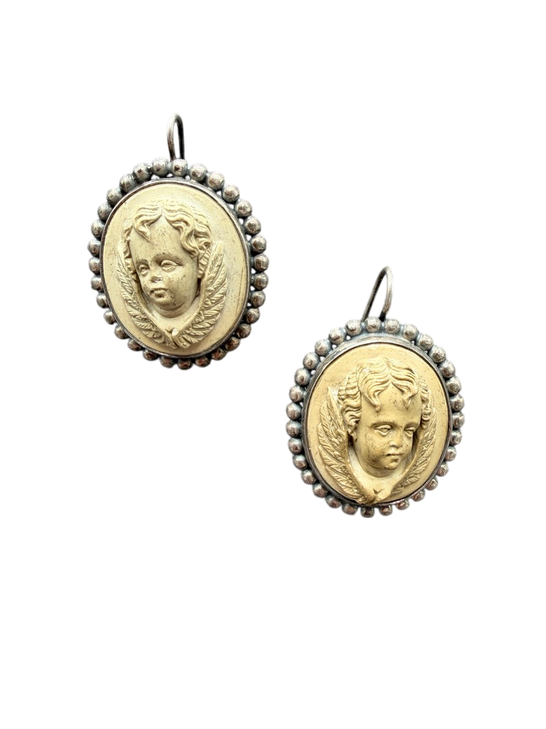 Victorian Lava Cherub Cameo Earrings with Sterling Surround