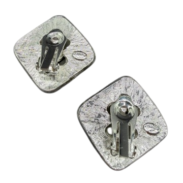 1980s Kenneth Jay Lane Silver-Tone Diamond Shape Clip Earrings with Yellow Lucite & Rhinestone Pavé