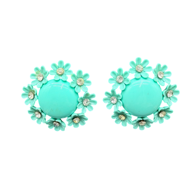 1960s Turquoise Bubble Clip Earrings with Floral Surround