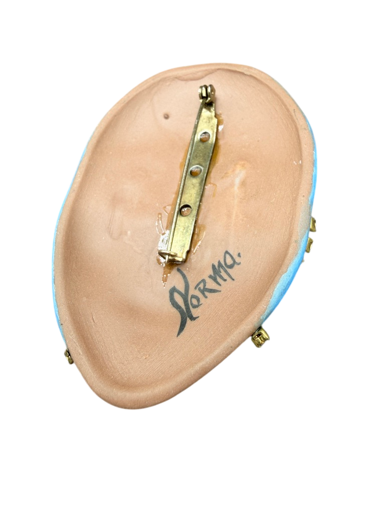 1980s Norma Hand-Painted Porcelain Face Brooch with Rhinestone Detail