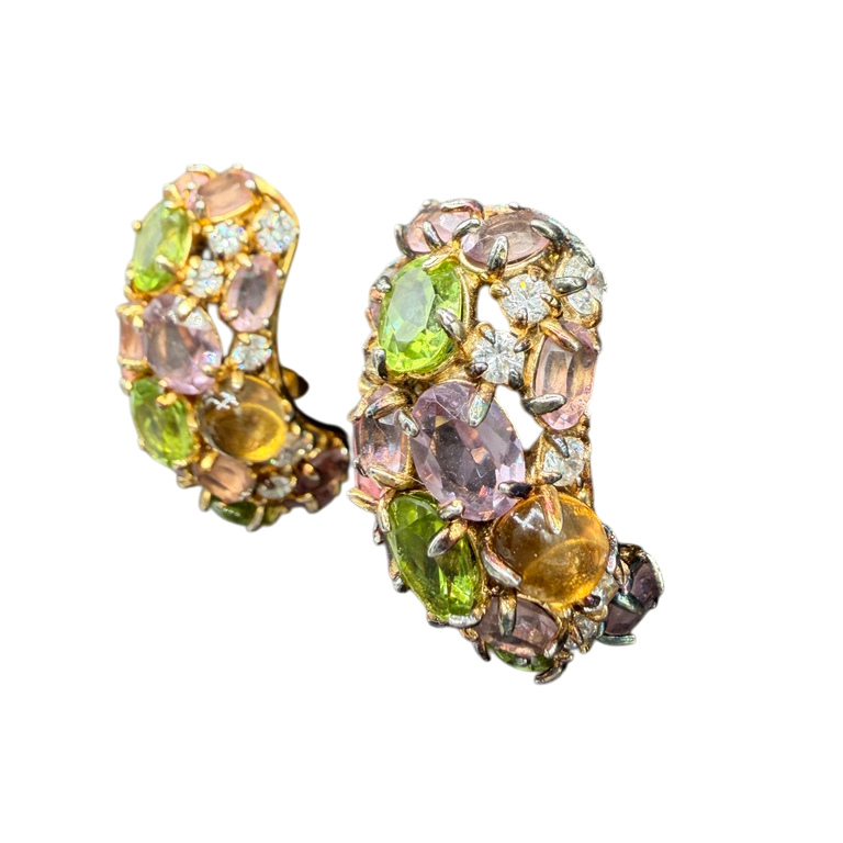 1980s Le Jardin Half-Hoop Earrings with Pastel Austrian Crystals