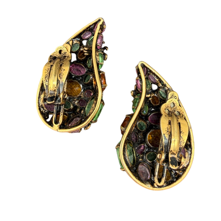 1980s Iradj Moini Paisley-Shaped Clip Earrings with Colored Crystals