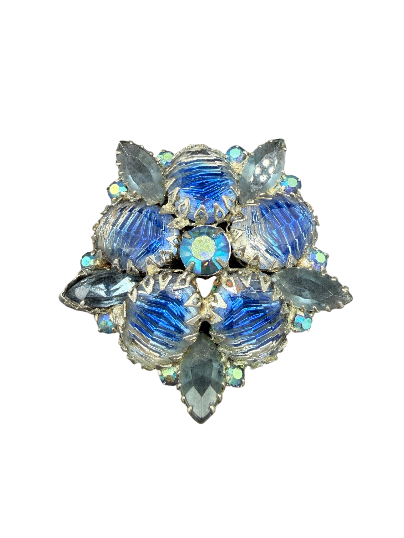 1950s Abstract Floral Brooch with Blue Czech Glass Stones