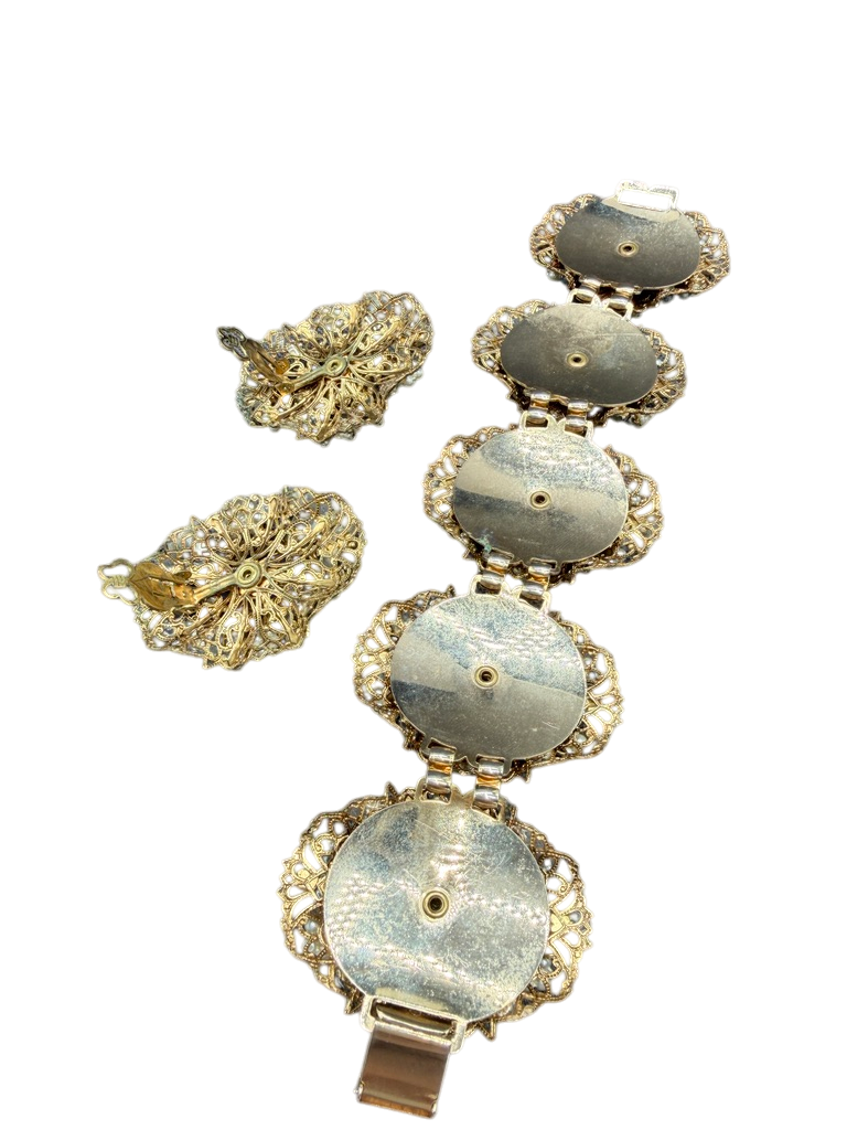 1950s Miriam Haskell AB Rhinestone & Faux Seed Pearl Statement Bracelet & Earring Set (Rare)