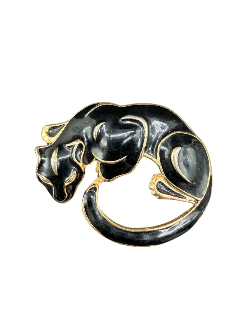 1980s Trifari Gold-Tone Panther Brooch with Black Enamel