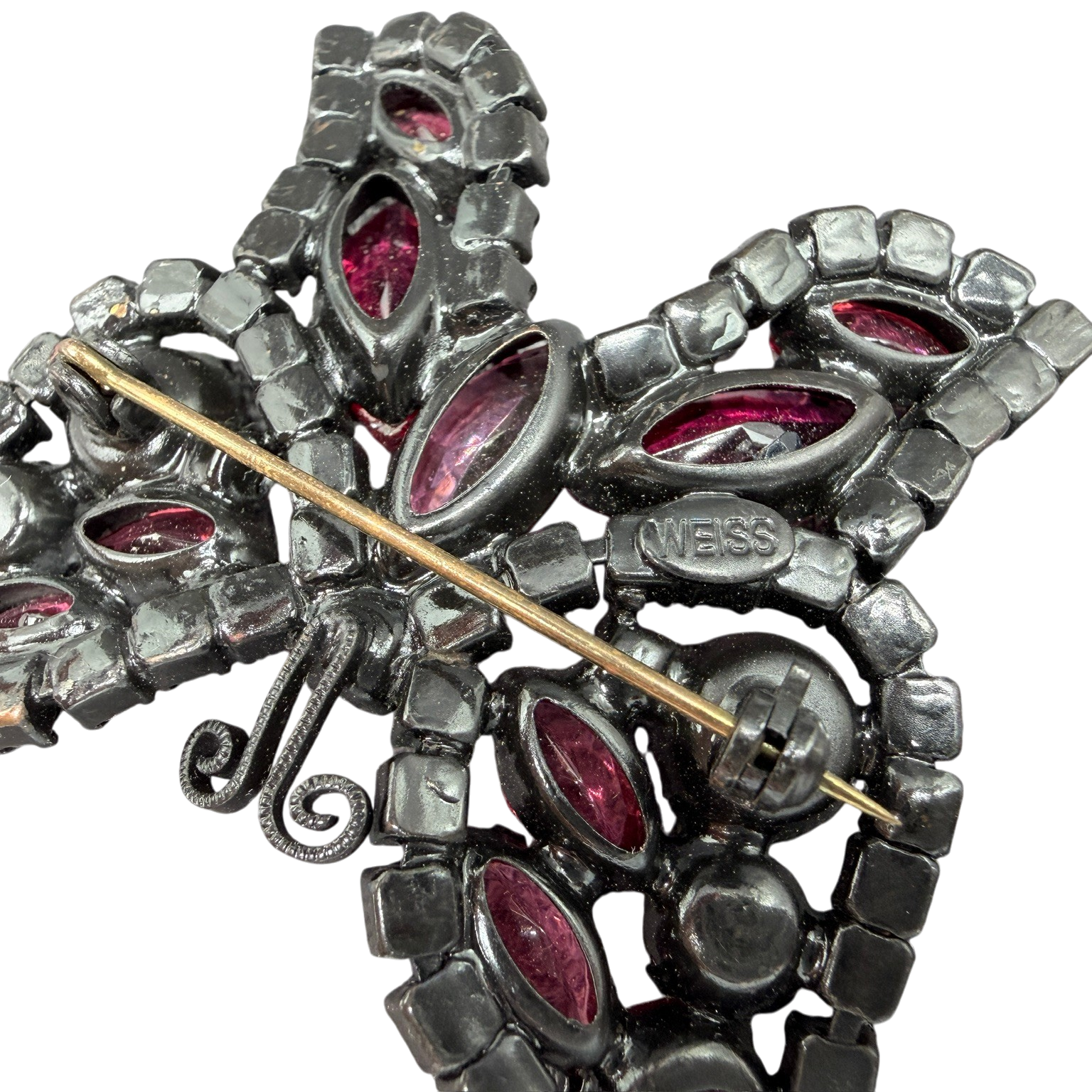 1950s Weiss Black Enamel Butterfly Brooch with Pink Austrian Crystals