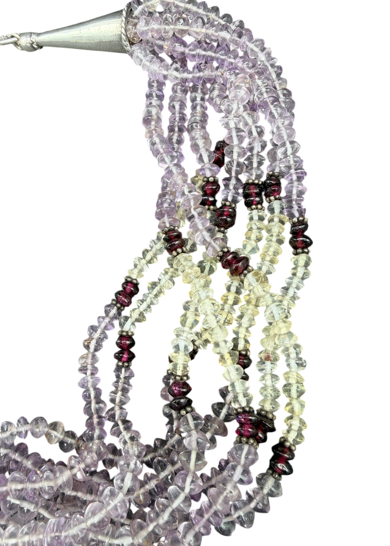 1970s Navajo Multi-Stone 8-Strand Necklace with Carved Quartz Pendant