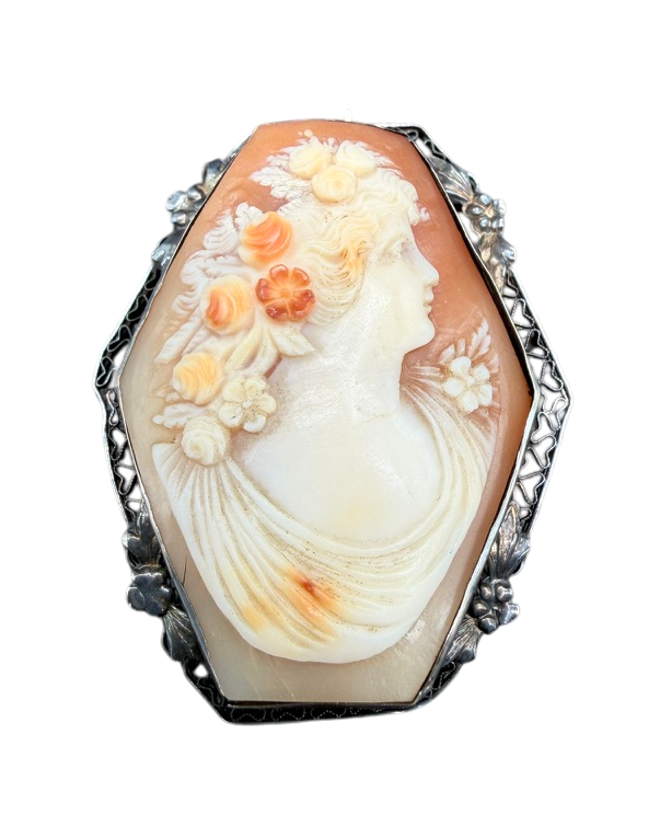 Antique 14K White Gold Filigree Pink Cameo Brooch/Pendant