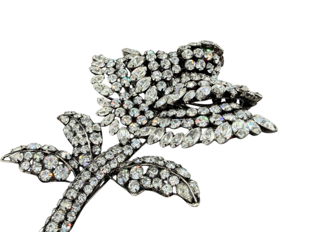 1950s Statement Austrian Crystal Floral Brooch with Leaves and Stem