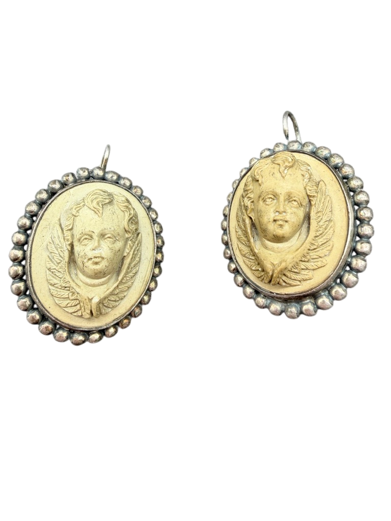Victorian Lava Cherub Cameo Earrings with Sterling Surround