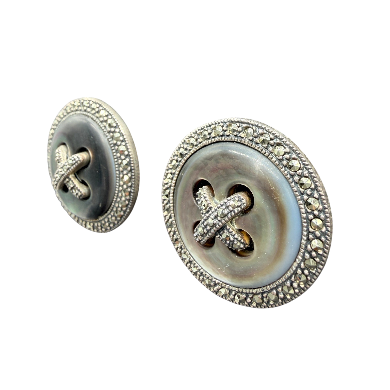 1980s Sterling Silver, Mother of Pearl and Marcasite Button Earrings