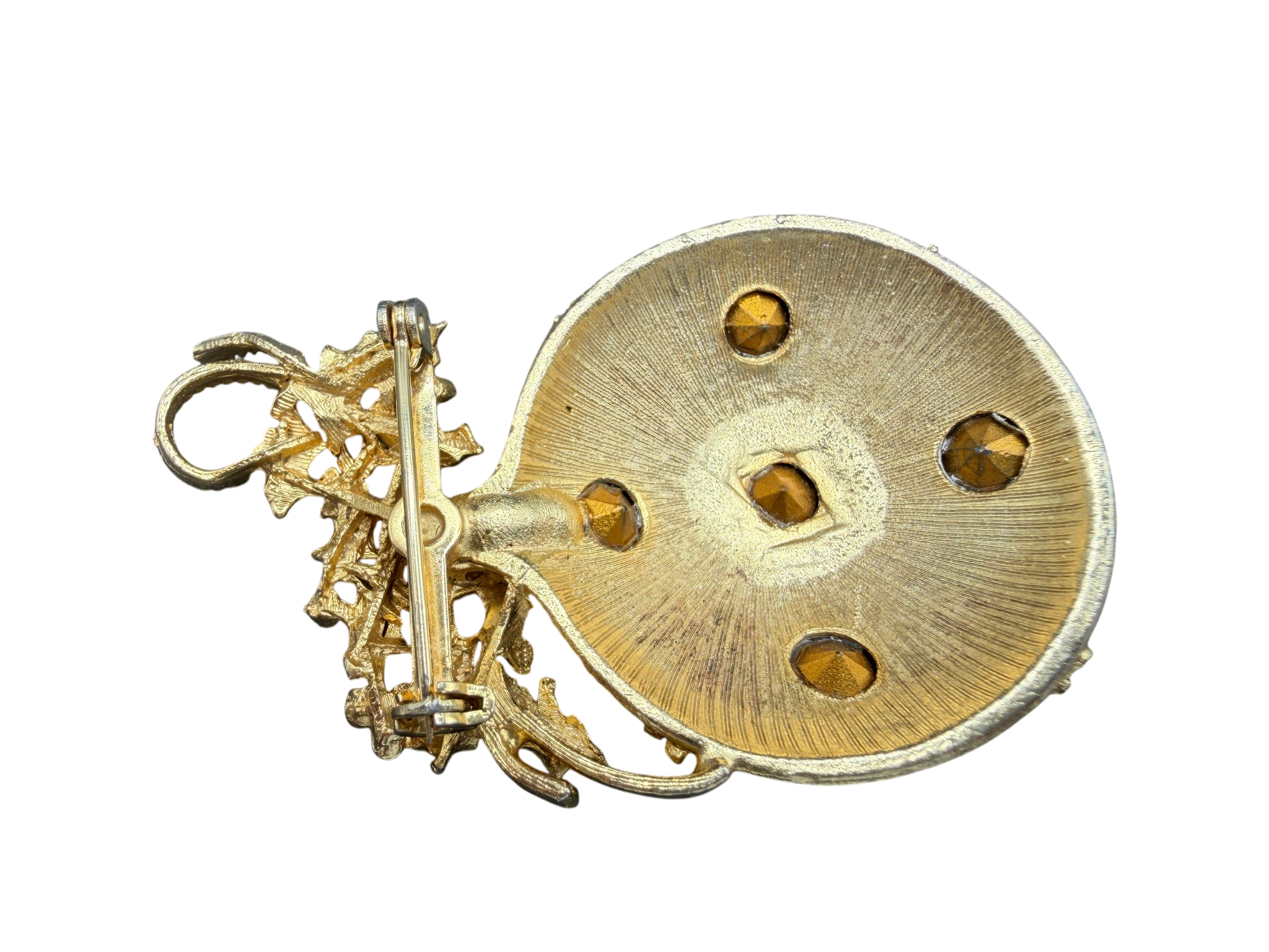 1960s Gold-Tone Holly Branch Brooch with Rhinestone Ornament Detail