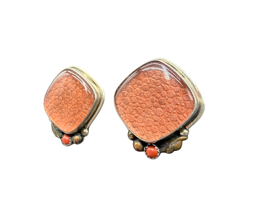 1980s Amy Kahn Russell Sterling Diamond-Shaped Earrings with Amber Quartz, Copper &amp; Coral Bead