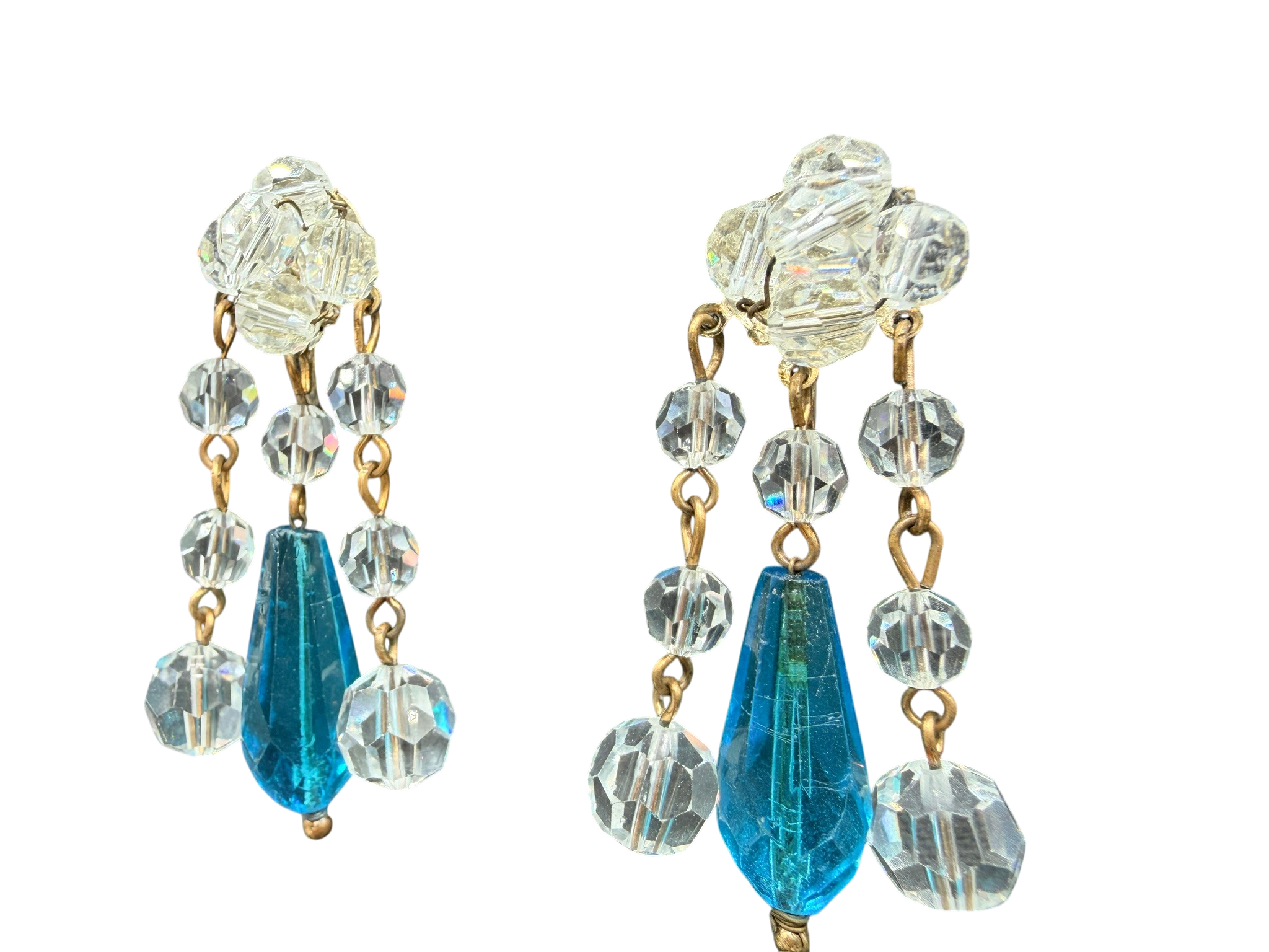 1950s Lead Crystal 5-Strand Necklace with Teal Teardrops and Matching Earrings