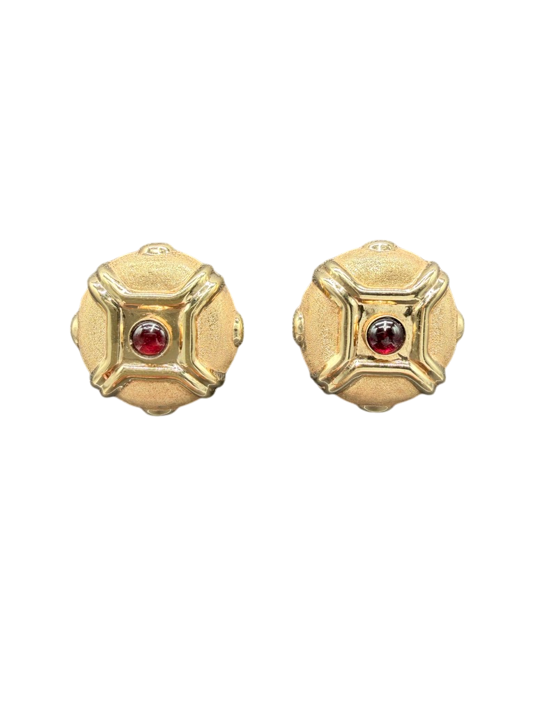 1980s 14K Gold Hollow Disc Clip Earrings with Garnet Cabochons