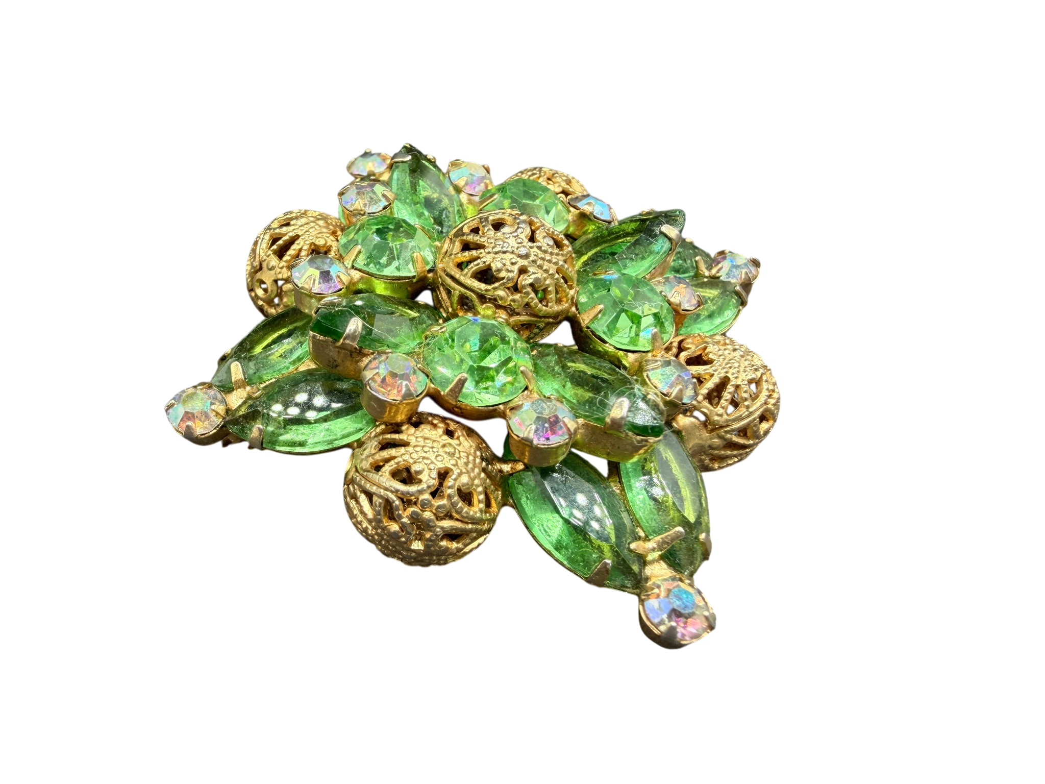 1950s Gold-Tone Diamond Shape Brooch with Filigree Beads and Green Austrian Crystals