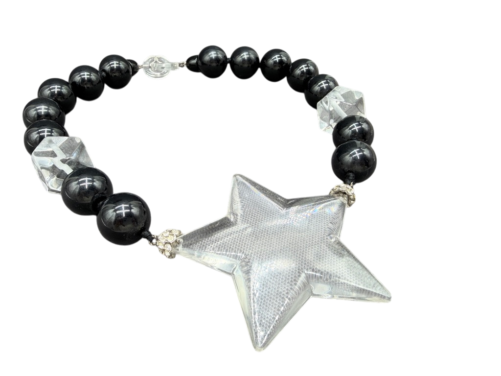 Rare 1980s Amen Wardy Black & Clear Lucite Beaded Necklace and Earring Set with Star Detail