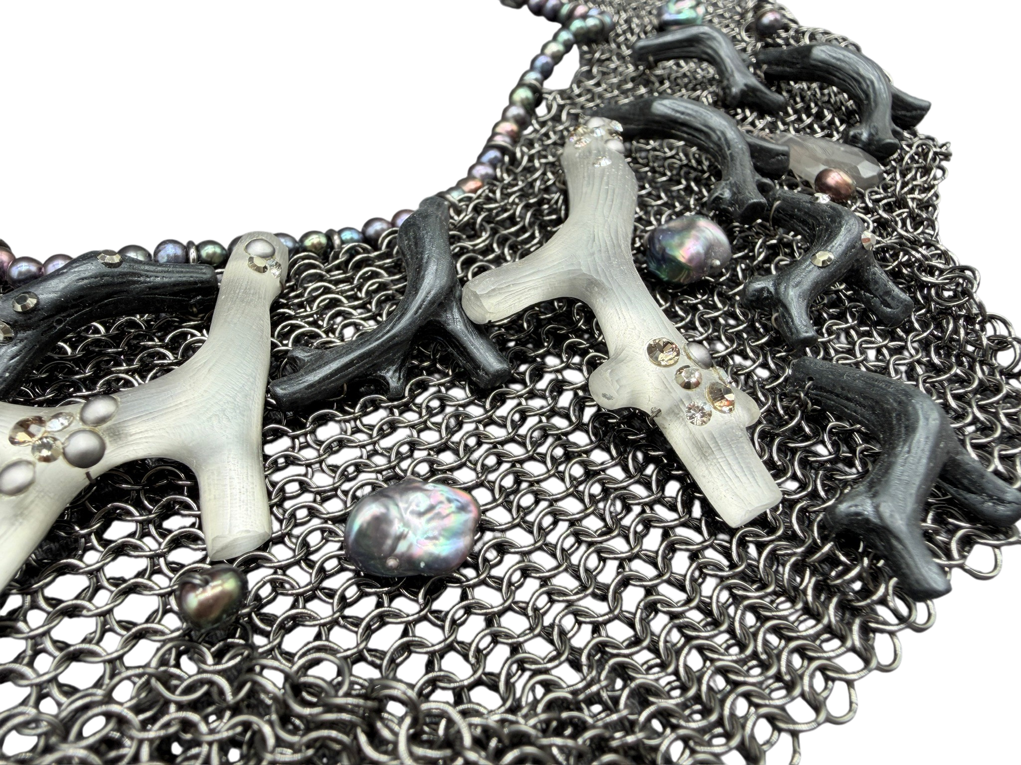 Rare 1980s Alexis Bittar Gunmetal Chain Mail Bib Necklace with Coral & Resin Peacock Accents