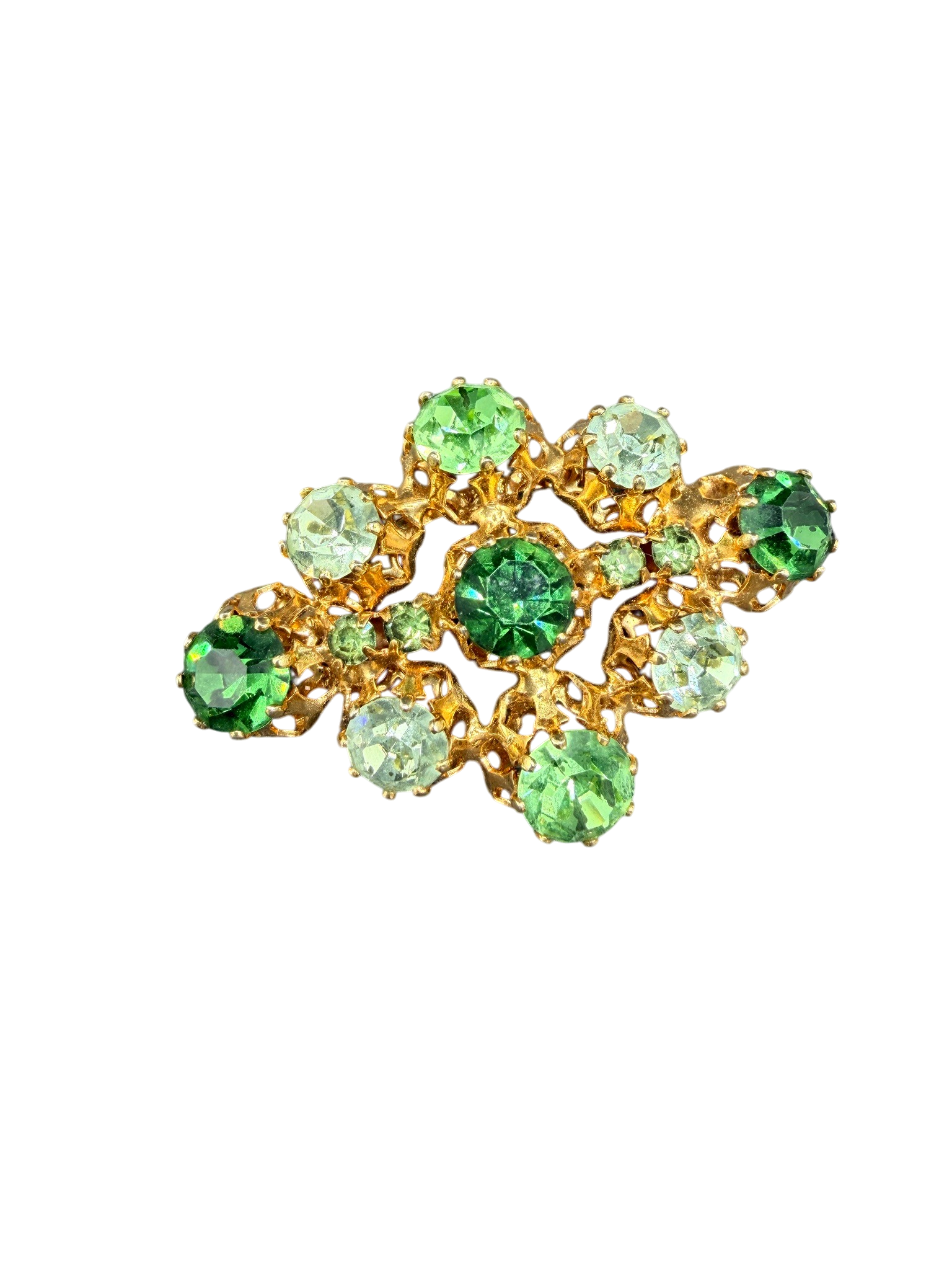 1950s Made in Austria Gold-Tone Diamond-Shaped Brooch with Green Austrian Crystals