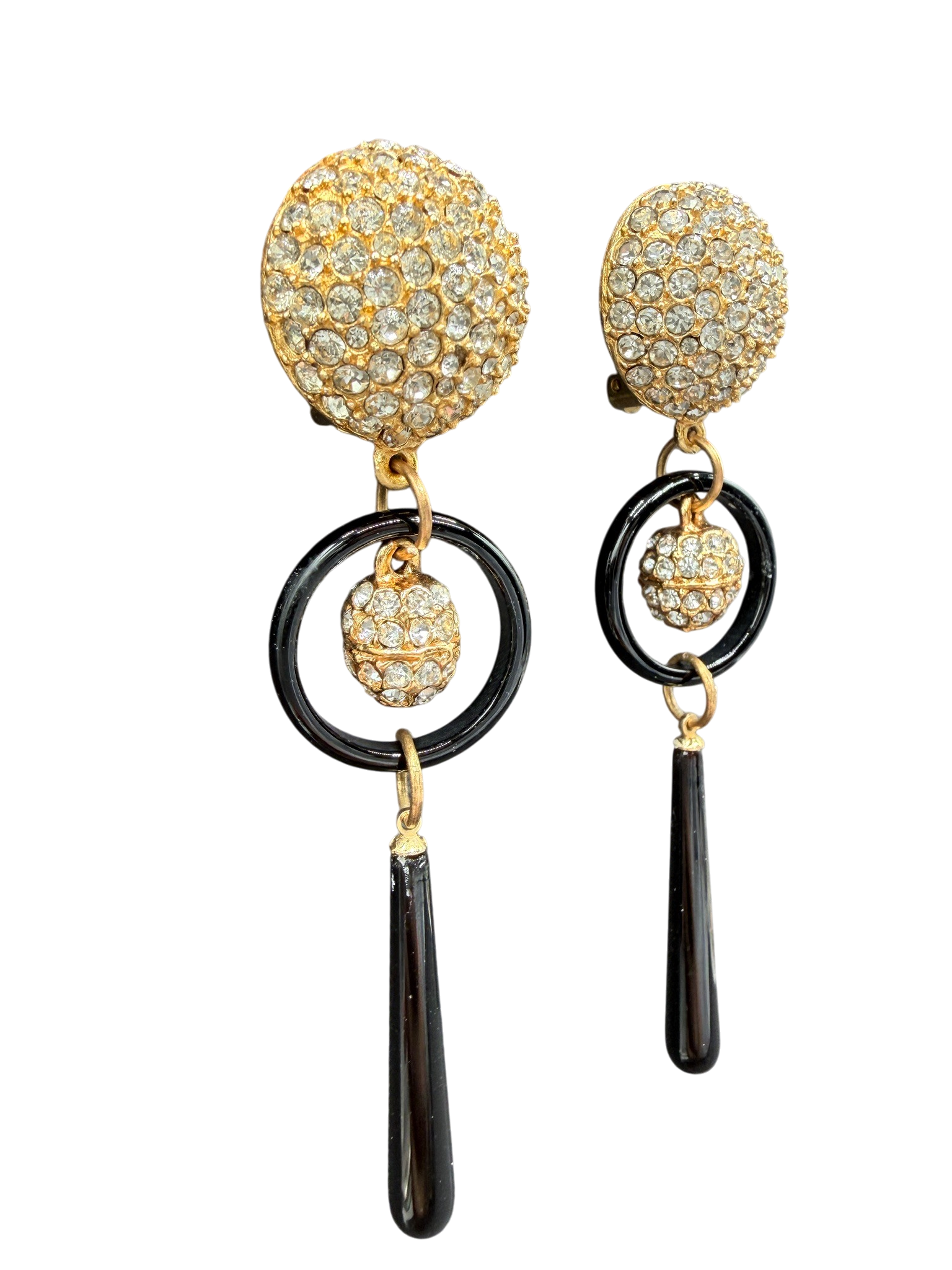 1980s Heidi Daus for Jim Walters Gold-Tone Ring with Crystal Pavé and Black Glass Drop