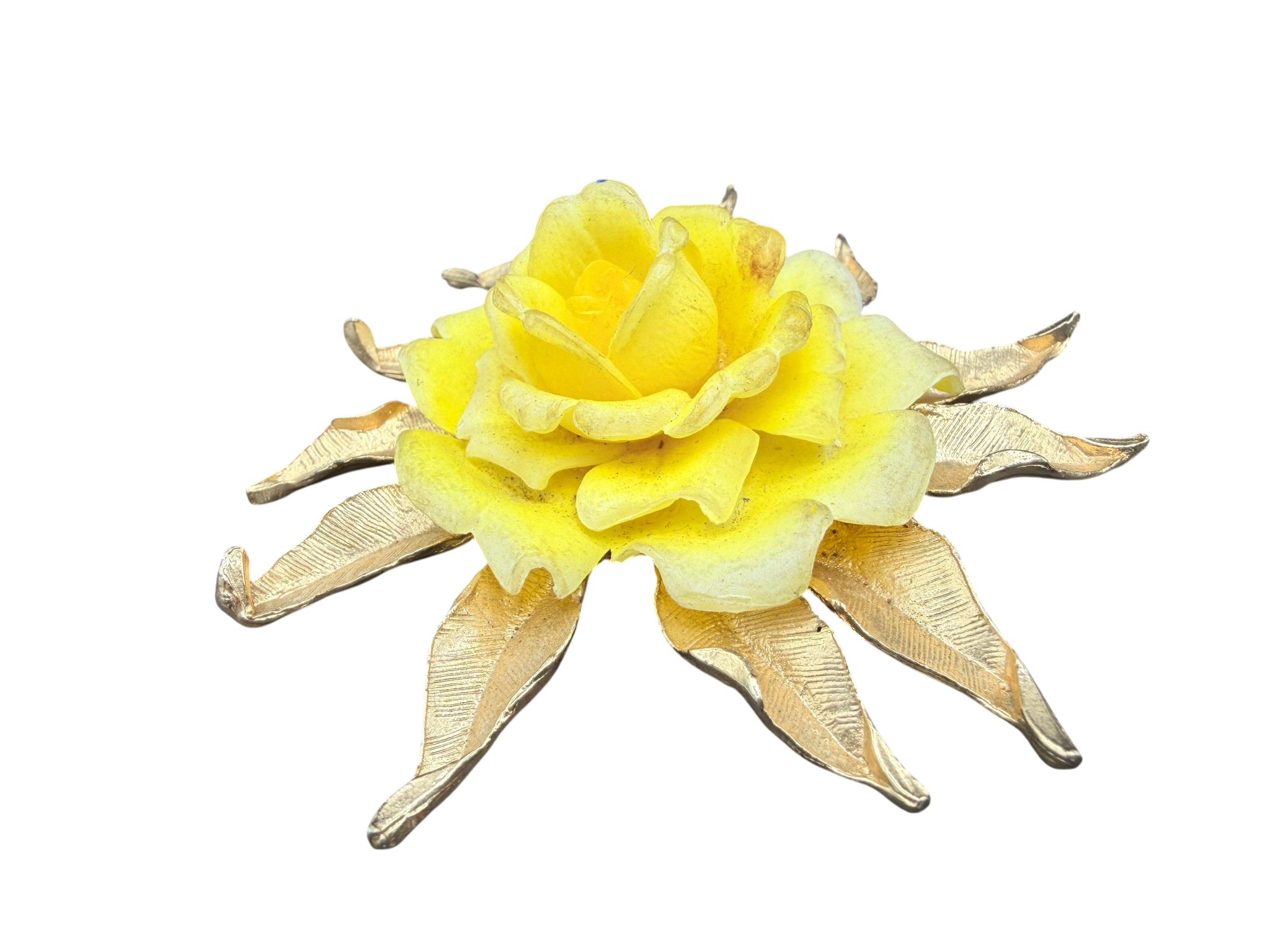 1960s Gold-Tone Leaf Brooch with Yellow Celluloid Rose Center