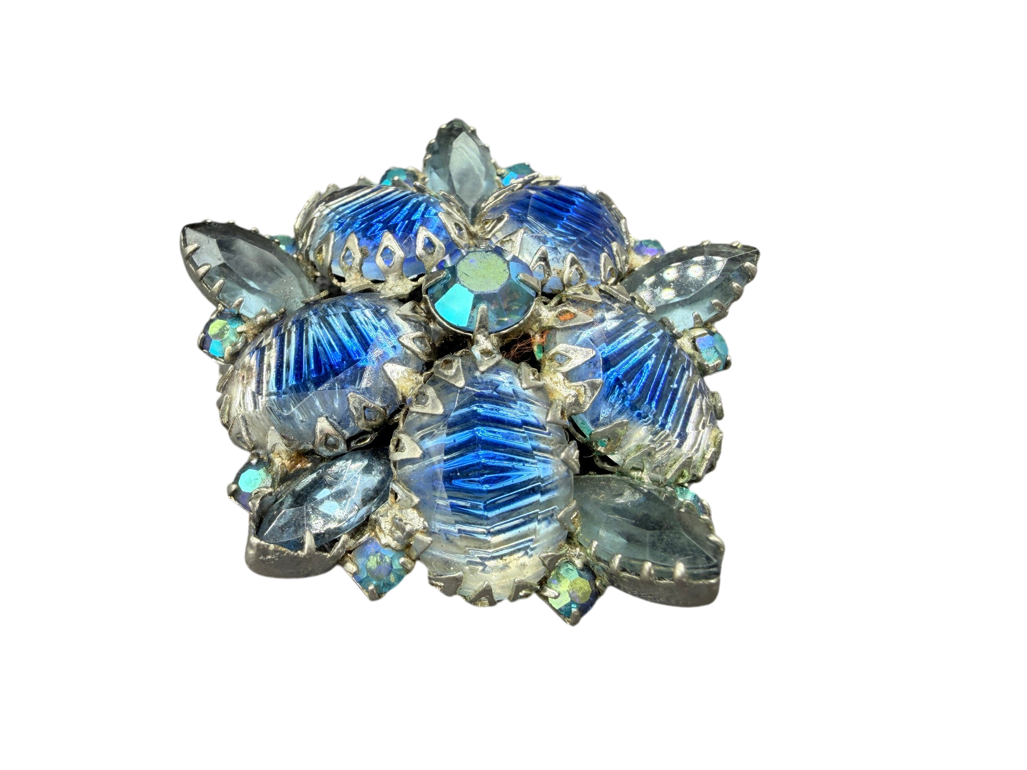 1950s Abstract Floral Brooch with Blue Czech Glass Stones