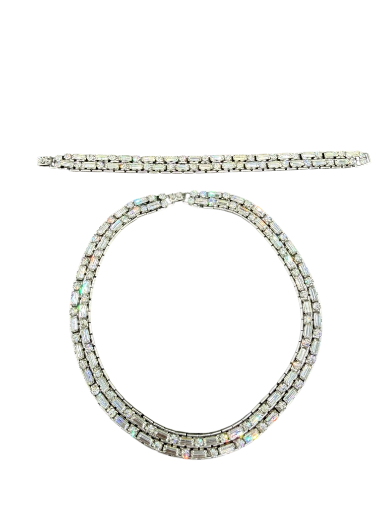 1950s Clear Rhinestone Baguette &amp; Round Link Choker Necklace and Bracelet Set