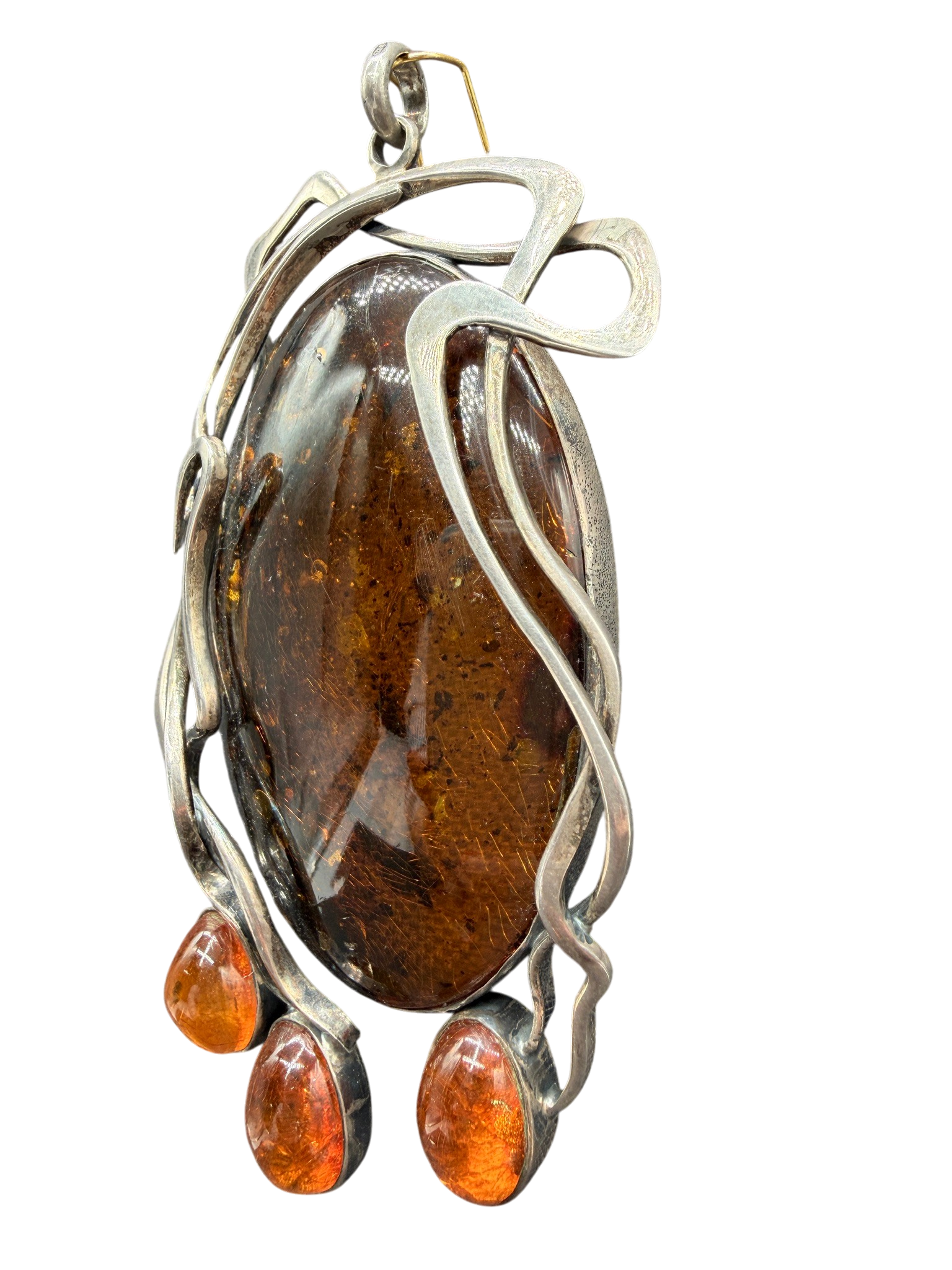 1960s Sterling Silver Artisan Scroll Pendant with Amber Drops