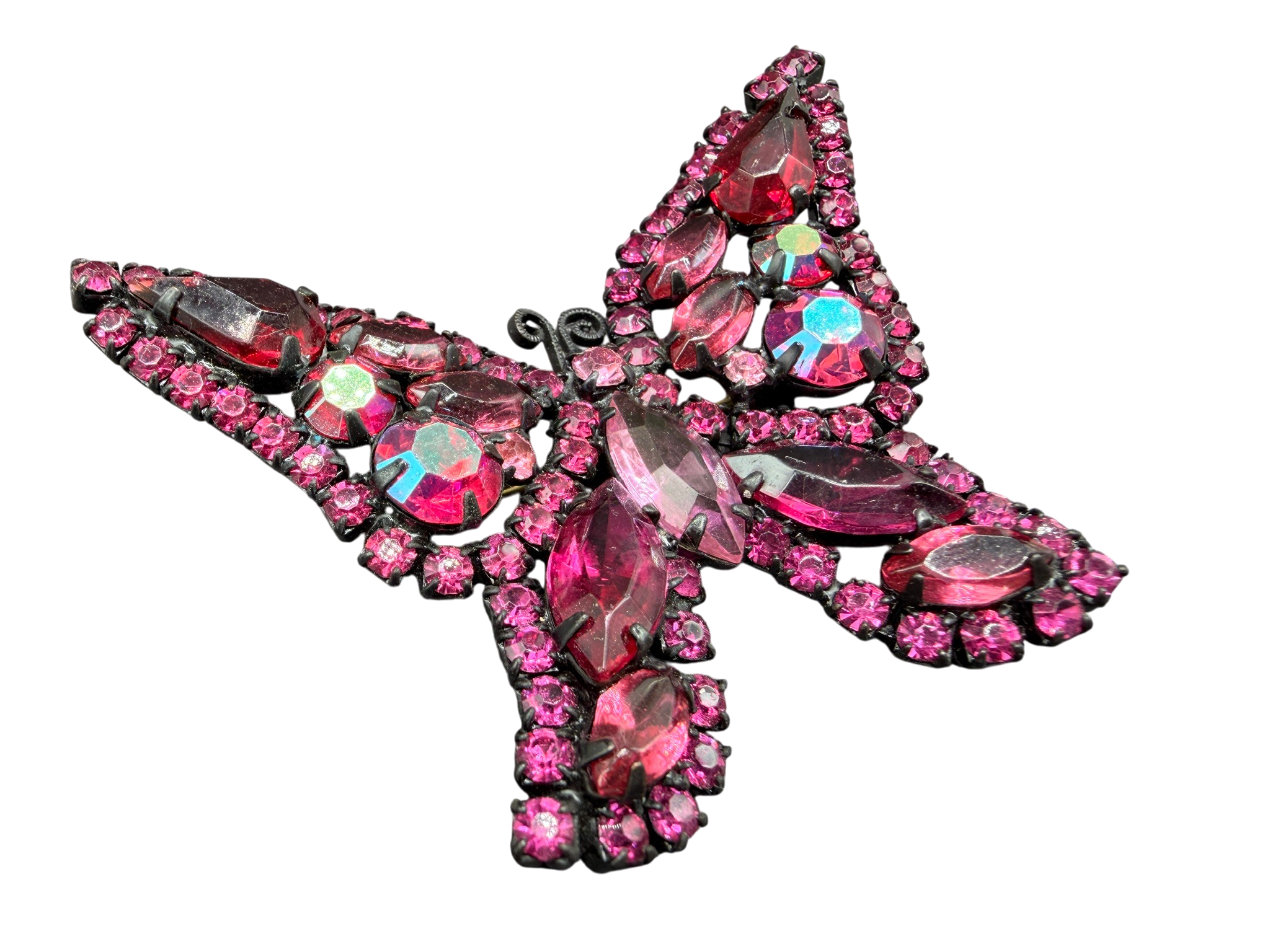 1950s Weiss Black Enamel Butterfly Brooch with Pink Austrian Crystals