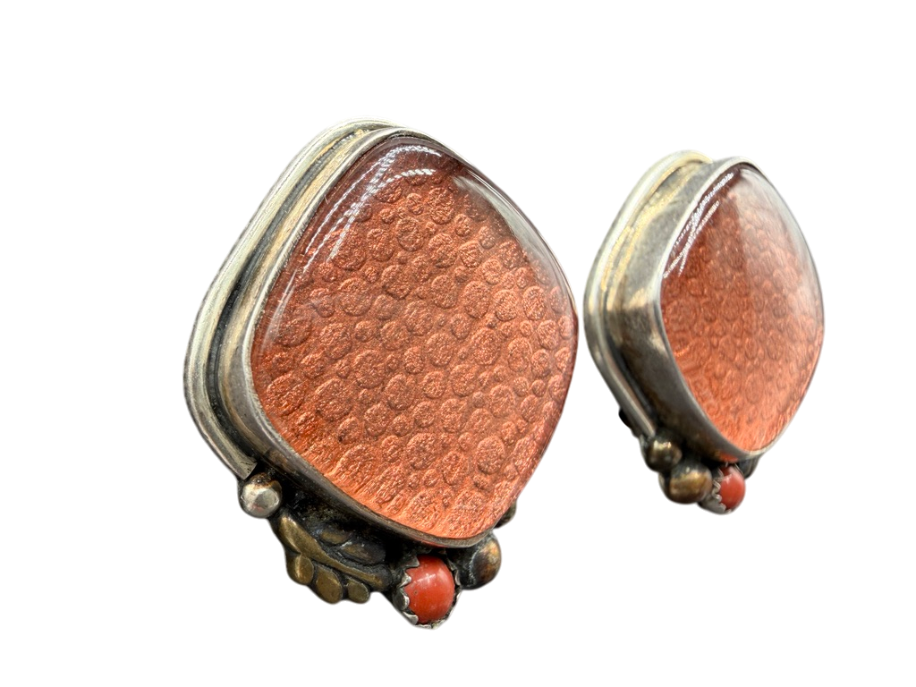1980s Amy Kahn Russell Sterling Diamond-Shaped Earrings with Amber Quartz, Copper &amp; Coral Bead
