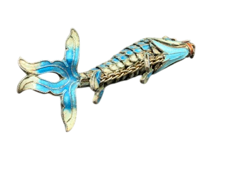 1920s Sterling Silver Aqua Cloisonné Enamel Articulated Koi Fish Brooch
