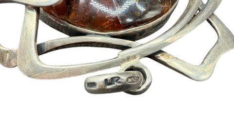 1960s Sterling Silver Artisan Scroll Pendant with Amber Drops
