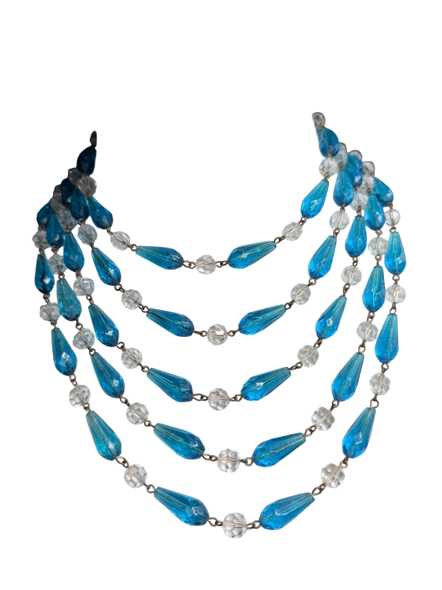 1950s Lead Crystal 5-Strand Necklace with Teal Teardrops and Matching Earrings