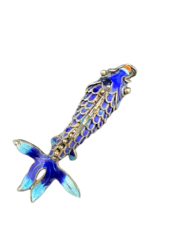 1920s Sterling Silver & Cobalt Cloisonné Enamel Articulated Koi Fish Brooch