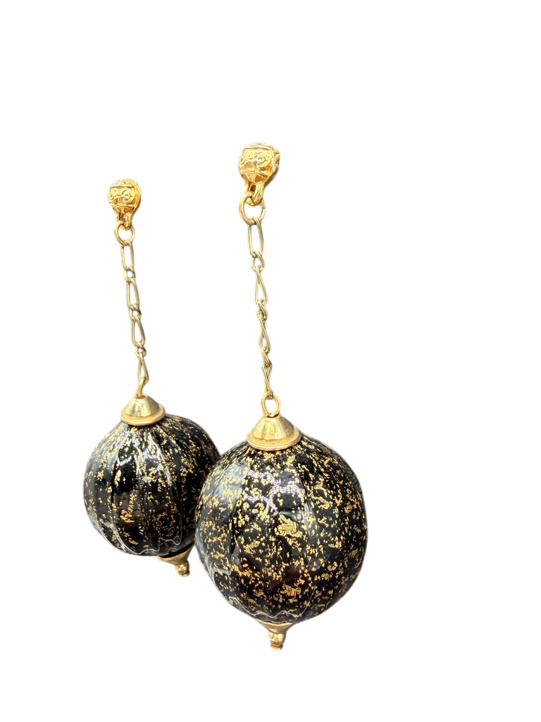 1970s Gold-Tone Stud & Chain Drop Earrings with Black & Gold Speckled Glass Beads