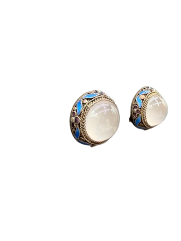 1940s Sterling Silver Clip Earrings with Cobalt Enamel Leaves and Quartz Center
