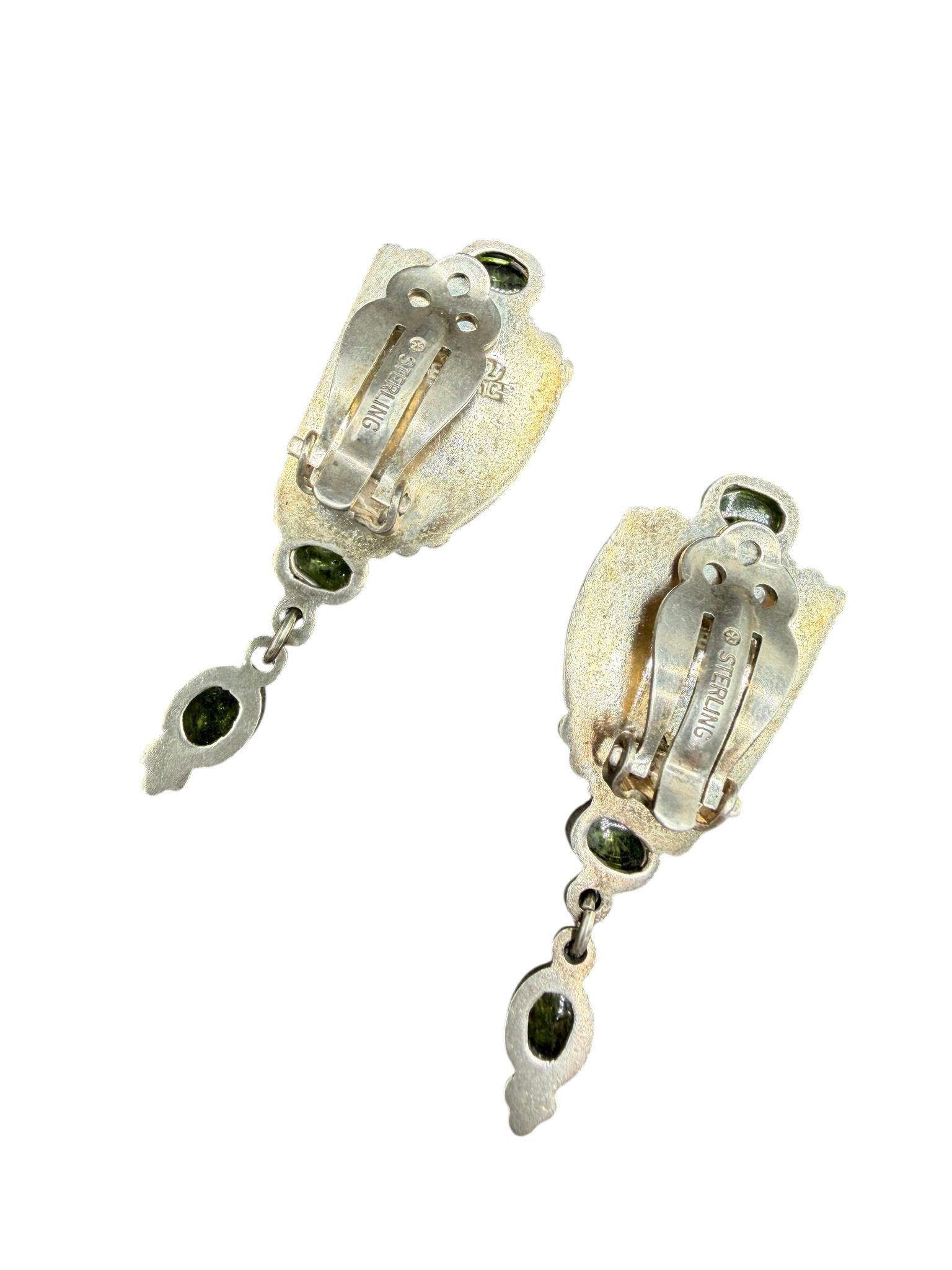 1980s Sterling Silver Green Jasper Clip Earrings with Peridot Drop